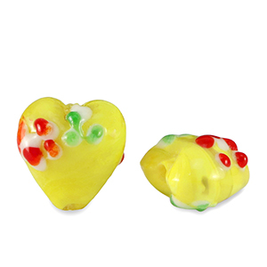 Handgeschilderde glaskralen heart flower Yellow-red