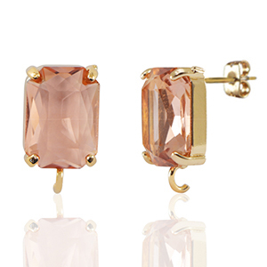 Crystal Glass oorbellen / oorstekers met oogje rectangle Peach-gold