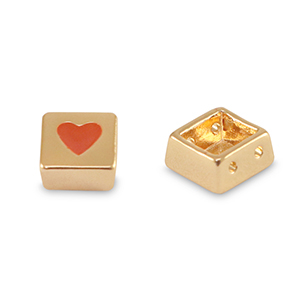 Tile bead square Gold-coral red