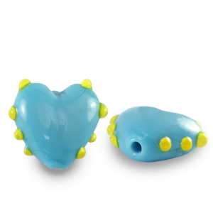 Handgeschilderde glaskralen heart dots Cyan blue-yellow