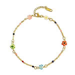 Armbanden van Stainless steel Roestvrij staal (RVS) millefiore flower Gold-multicolour