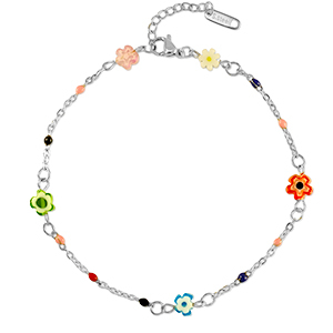 Enkelbandjes van Stainless steel Roestvrij staal (RVS) millefiore flower Silver-multicolour