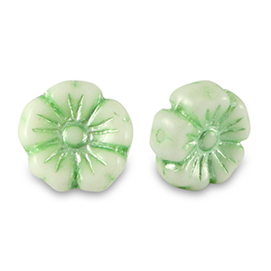 Tsjechische kralen flower 9mm Paled green metallic-white