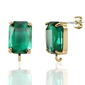 Crystal Glass oorbellen / oorstekers met oogje rectangle Green-gold