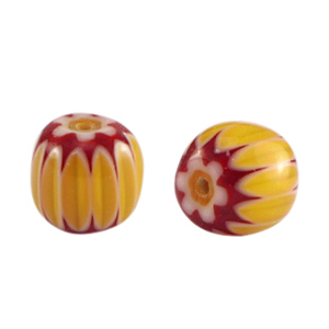 Millefiori glaskralen tube Dark yellow-red