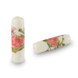 Glas kralen tube flower White-rose red