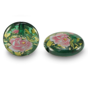 Glas kralen 14mm flower Green transparent-rose red