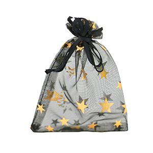 Organza sieradenzakje 9x12cm star Black-gold
