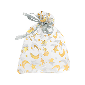 Organza sieradenzakje 9x12cm moon and star Light grey-gold