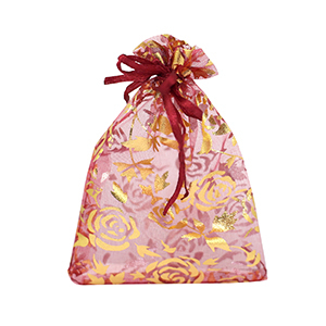 Organza sieradenzakje 9x12cm rose Cherry pink-gold