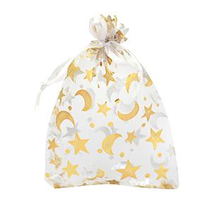 Organza sieradenzakje 9x12cm moon and star White-gold