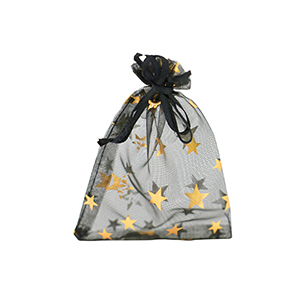 Organza sieradenzakje 7x9cm star Black-gold