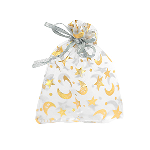 Organza sieradenzakje 7x9cm moon and star Light grey-gold