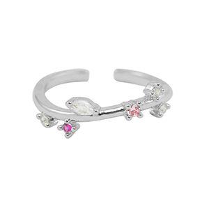 TQ metaal brass ring zirkonia Silver-crystal pink