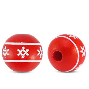 Houten kralen 16mm rond snowflake Red-white