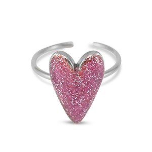 Ringen van Stainless steel Roestvrij staal (RVS) enamel heart glitter Vermilion pink-silver