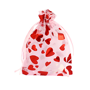 Organza sieradenzakje 9x12cm heart Light pink-red