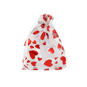 Organza sieradenzakje 7x9cm heart White-red