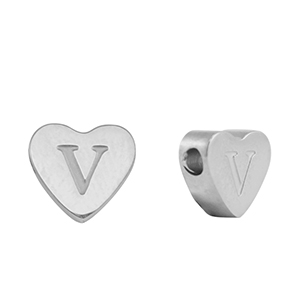 Kralen van stainless steel Roestvrij staal (RVS) hart letter V Silver