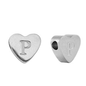 Kralen van stainless steel Roestvrij staal (RVS) hart letter P Silver