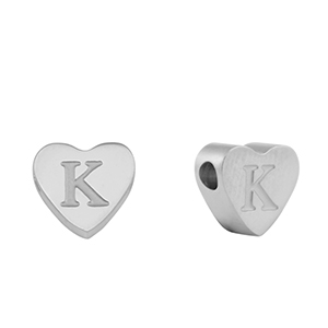 Kralen van stainless steel Roestvrij staal (RVS) hart letter K Silver