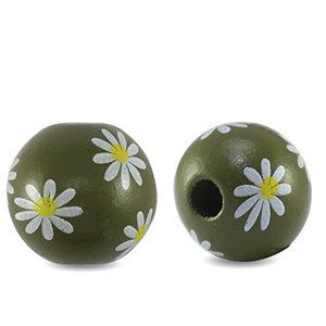 Houten kralen rond 16mm flower Olive green