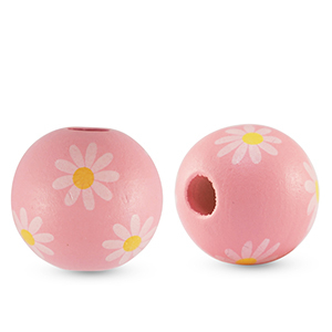 Houten kralen rond 16mm flower Light pink