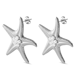 Oorbellen van Stainless steel Roestvrij staal (RVS) oorstekers starfish imitation pearls Silver
