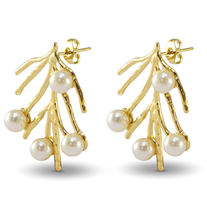 Oorbellen van Stainless steel Roestvrij staal (RVS) oorstekers seaweed imitation pearls Gold