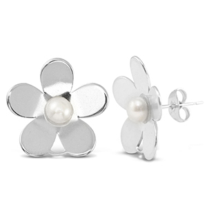 Oorbellen / oorstekers van Stainless steel Roestvrij staal (RVS) pearls flower with loop Silver