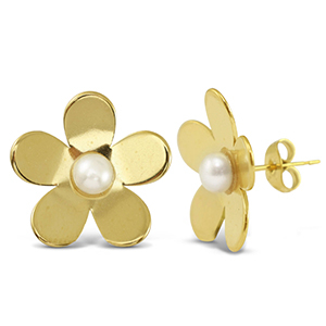 Oorbellen / oorstekers van Stainless steel Roestvrij staal (RVS) pearls flower Gold