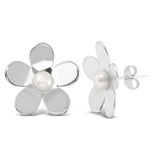 Oorbellen / oorstekers van Stainless steel Roestvrij staal (RVS) pearls flower Silver