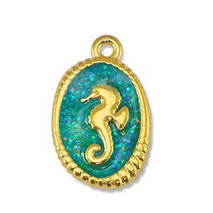 Metaal bedels DQ seahorse Glitter Turquoise-Goud (nikkelvrij)