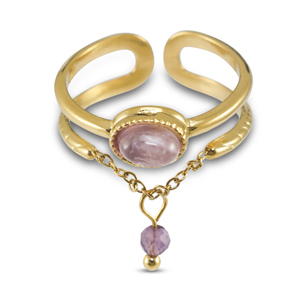 Ringen van Stainless steel Roestvrij staal (RVS) met natuursteen Gold-aubergine purple-purple