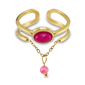 Ringen van Stainless steel Roestvrij staal (RVS) met natuursteen Gold-magenta pink