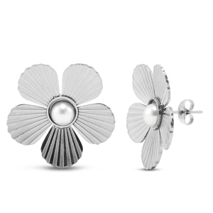 Oorbellen van Stainless steel Roestvrij staal (RVS) oorstekers flower with imitation pearls Silver