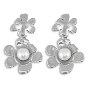 Oorbellen van Stainless steel Roestvrij staal (RVS) oorstekers flower with imitation pearls Silver