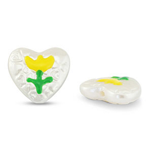 Kralen van acryl heart with flower Pearl-yellow-green