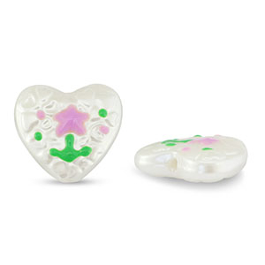 Kralen van acryl heart with flower Pearl-lilac pink-green
