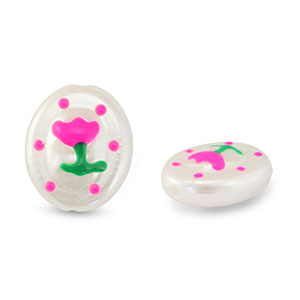 Kralen van acryl oval with flower Pearl-pink-green