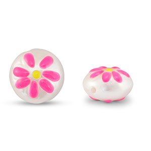 Kralen van acryl round with flower Pearl-pink-yellow