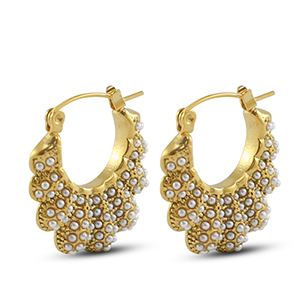 Oorbellen van Stainless steel Roestvrij staal (RVS) oorstekers fan  with imitation pearls Gold