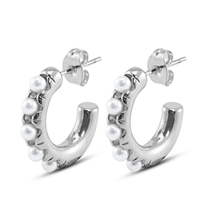 Oorbellen van Stainless steel Roestvrij staal (RVS) oorstekers  with imitation pearls Silver