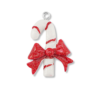 Hangers van resin candy cane with bow White-red