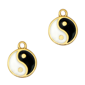 Metaal bedels DQ Yin & Yang symbol 15mm Goud-zwart-wit (nikkelvrij)