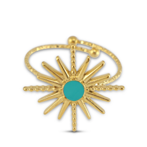Ringen van Stainless steel Roestvrij staal (RVS) enamel star Gold-turquoise blue