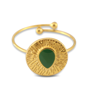 Ringen van Stainless steel Roestvrij staal (RVS) enamel round with drop Gold-dark green