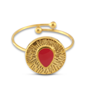 Ringen van Stainless steel Roestvrij staal (RVS) enamel round with drop Gold-magenta pink