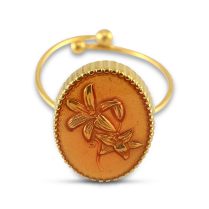 Ringen van Stainless steel Roestvrij staal (RVS) enamel oval with flower Gold-salmon pink