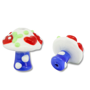Handgeschilderde glaskralen mushroom Blue-white-red